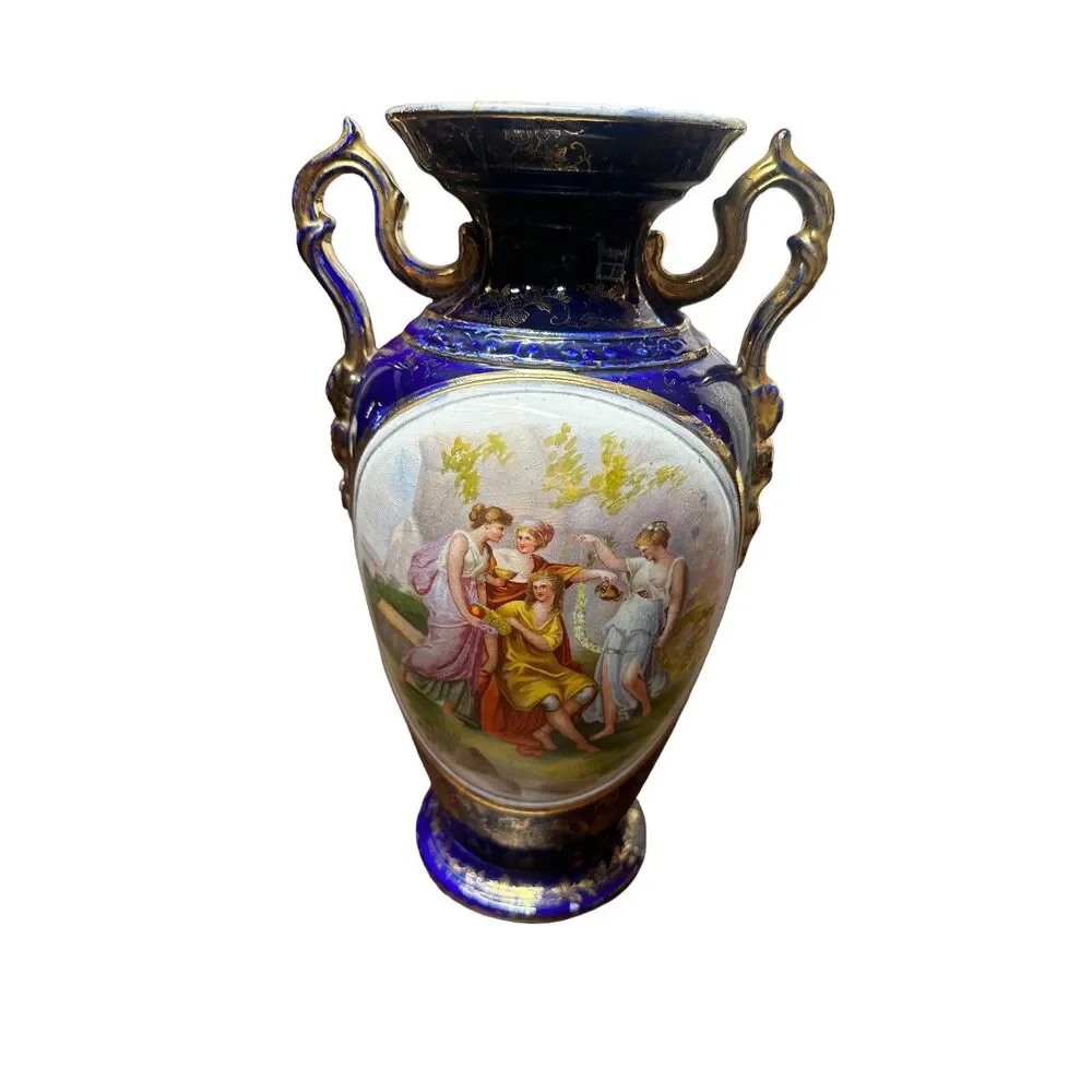Antique Kaufmann Portrait Vase Cobalt Blue Victoria Austria Porcelain Signed